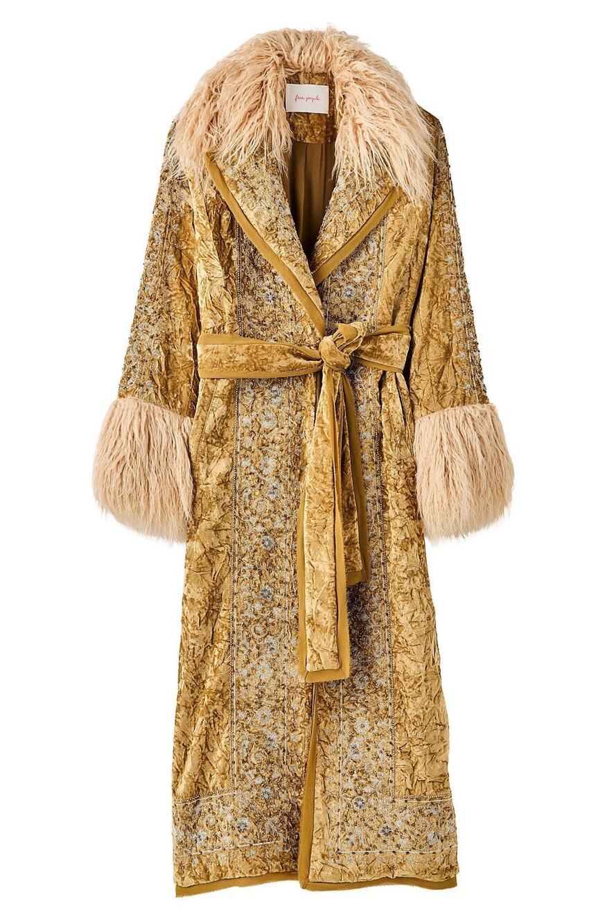 NWT Free People Embellished Duster XS Gold Velvet Penny Lane Coat Sequin Fur